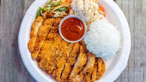 Sliced fried chicken, white rice, two salads, and red sauce.