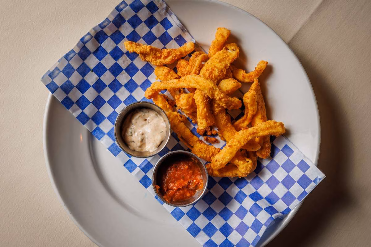 Golden fried strips with two dipping sauces on a plate.