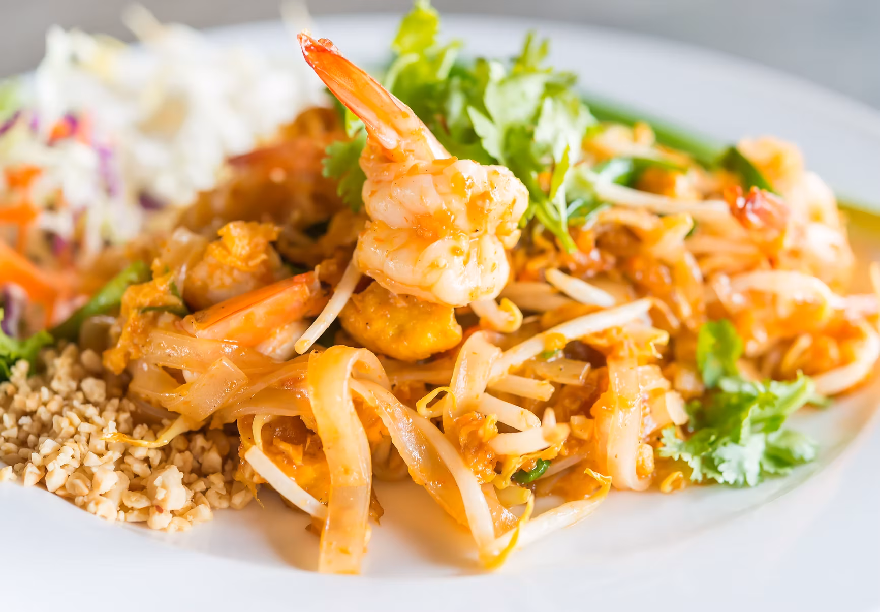 Close-up of Pad Thai noodles with shrimp, peanuts, and cilantro.