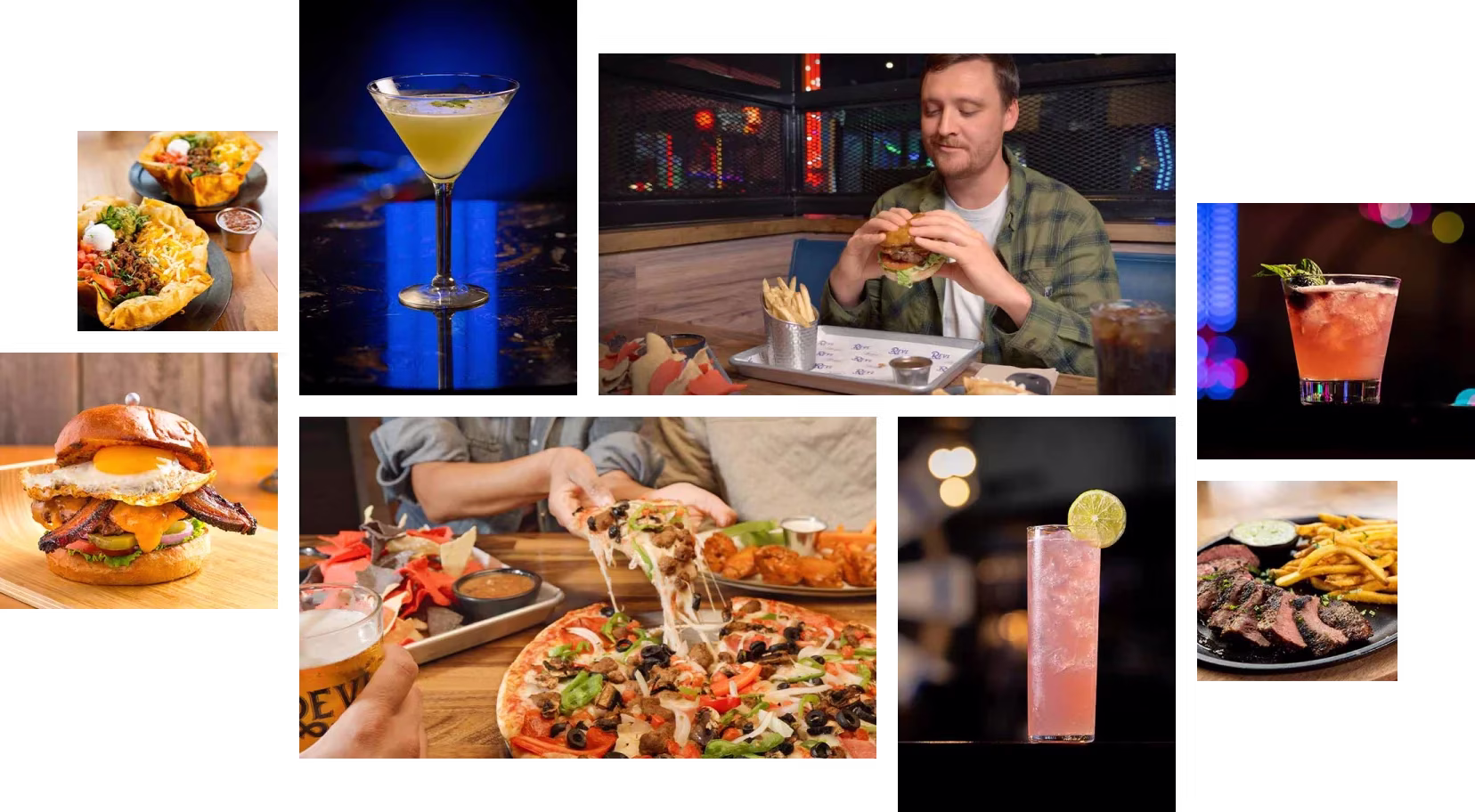 Various dishes including burgers, pizza, steak, nachos, and cocktails.