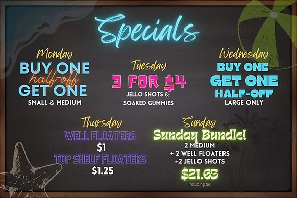 Chalkboard with daily specials on beverages and treats.