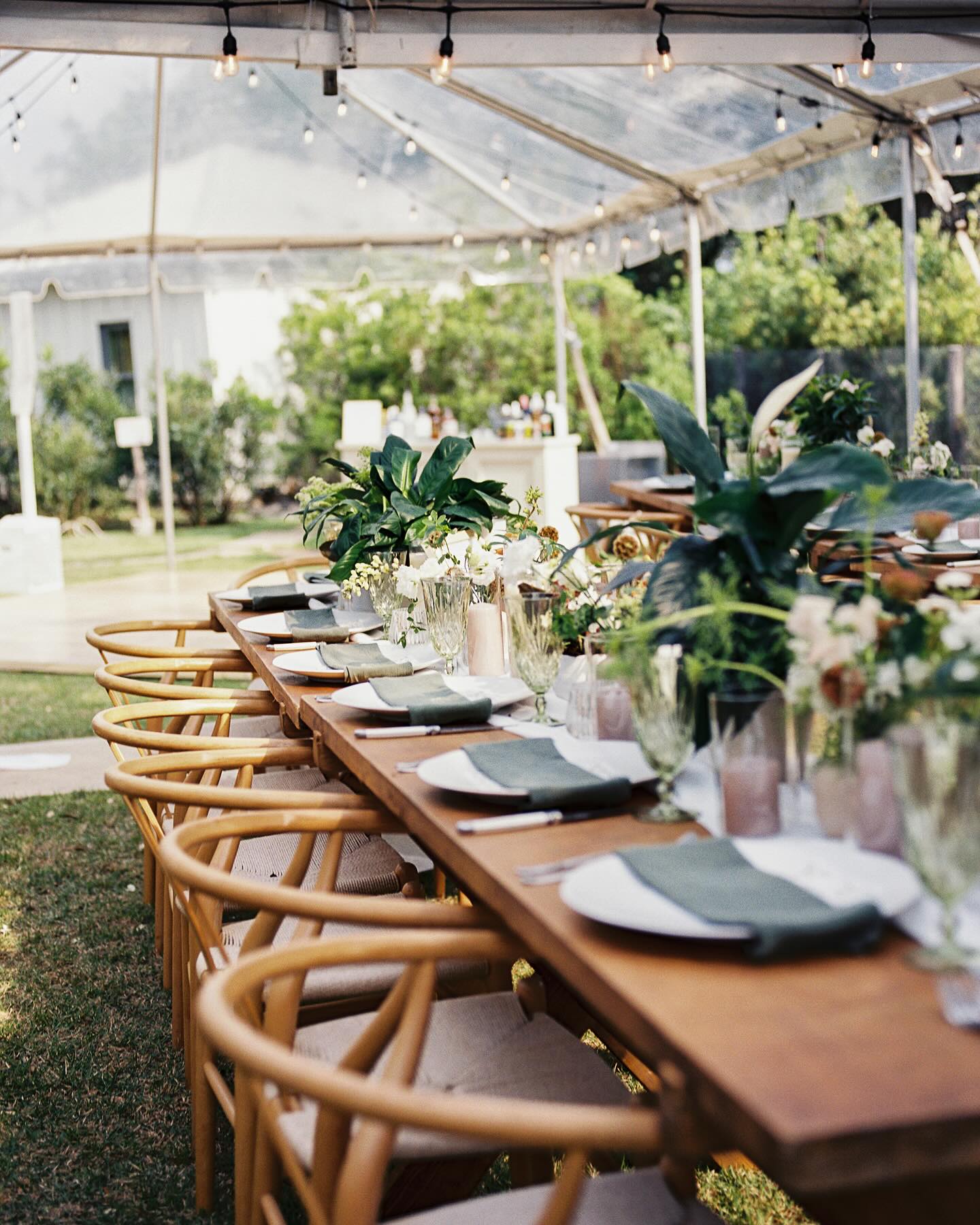 Outdoor dining table under a clear tent with lights and greenery.