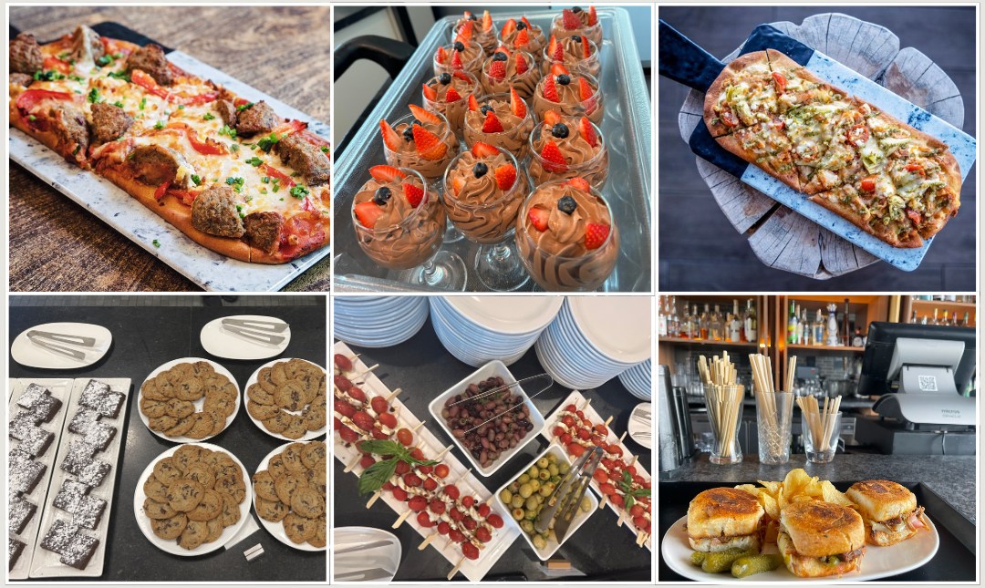 Assorted buffet dishes including flatbreads, desserts, sliders, and appetizers.