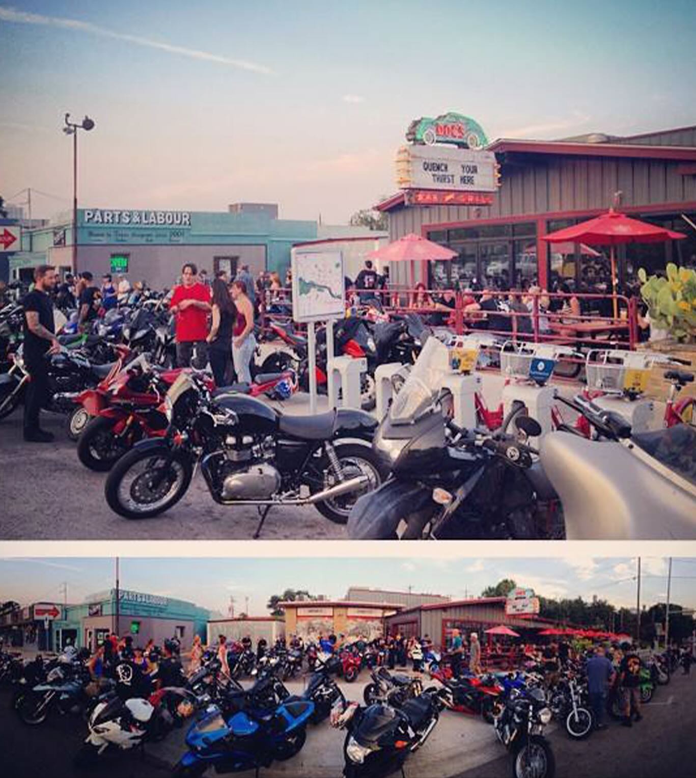 Many motorcycles parked, people gathered outside Parts & Labour and Doc's.