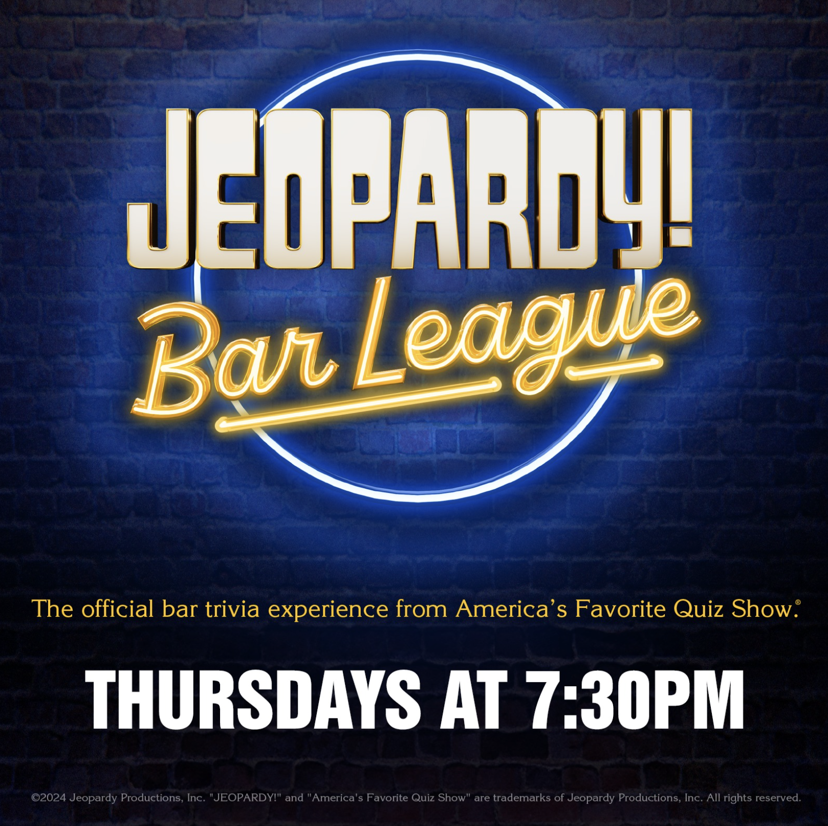 Neon sign for "Jeopardy! Bar League" trivia, Thursdays at 7:30 PM.