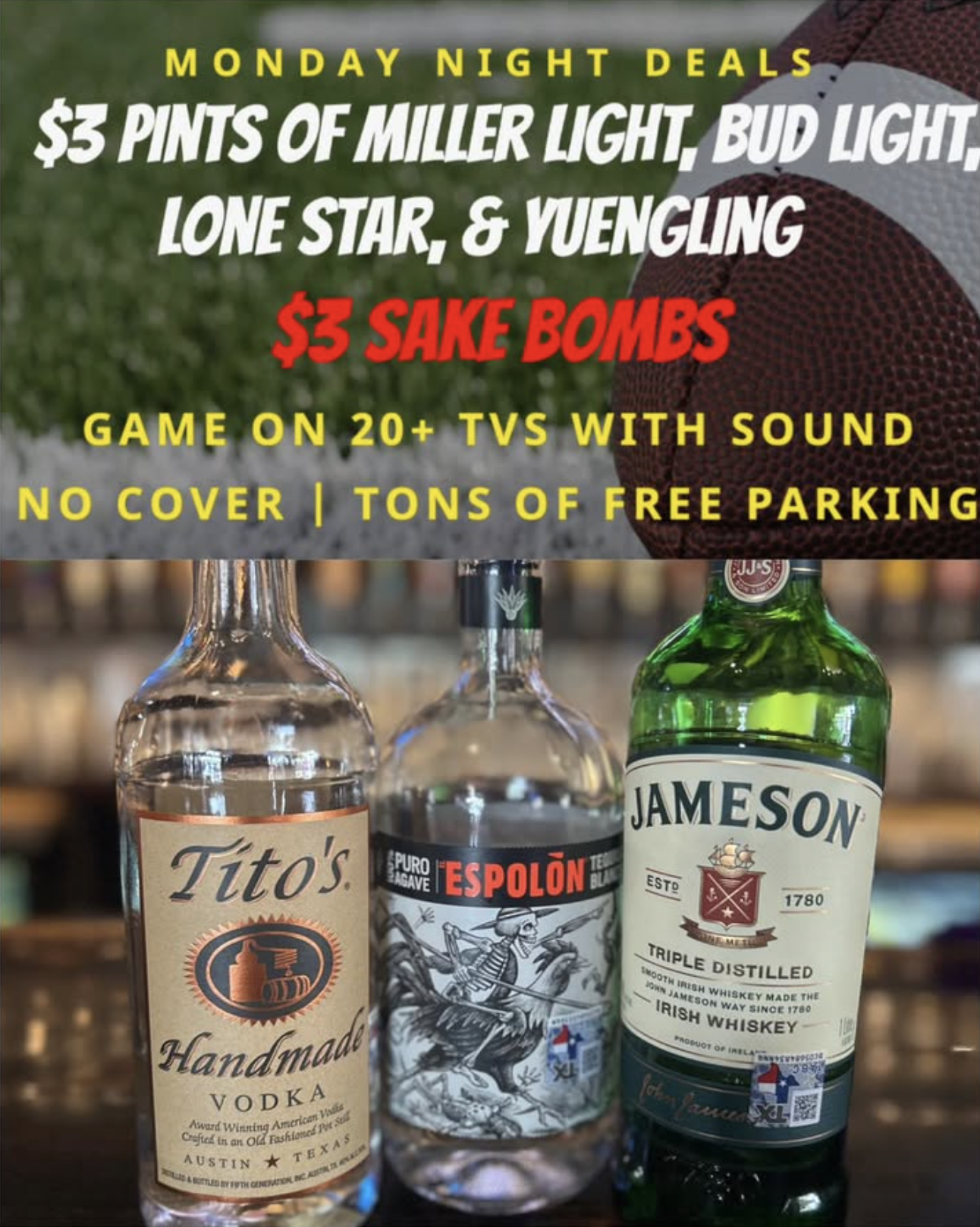 Advertisement for Monday night deals, football, and various liquor bottles.