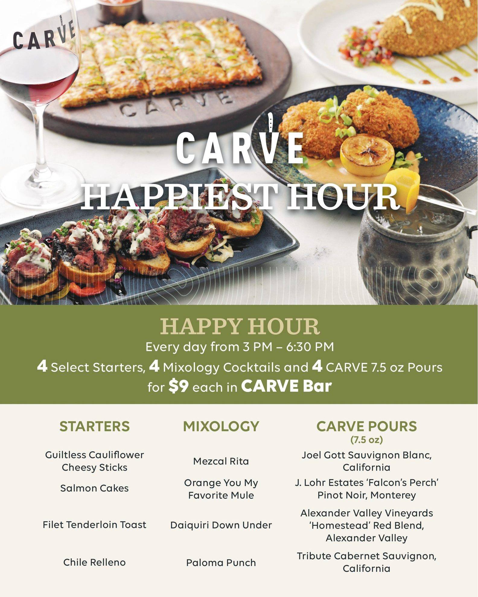 Happy hour advertisement showing various appetizers, wine, and cocktails.
