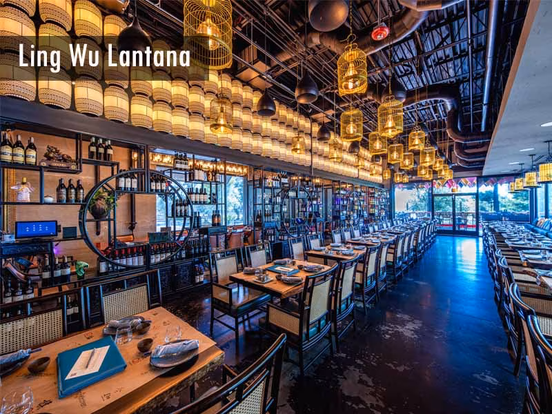 Ling Wu Lantana restaurant interior with dining tables, bar, and decorative lanterns.