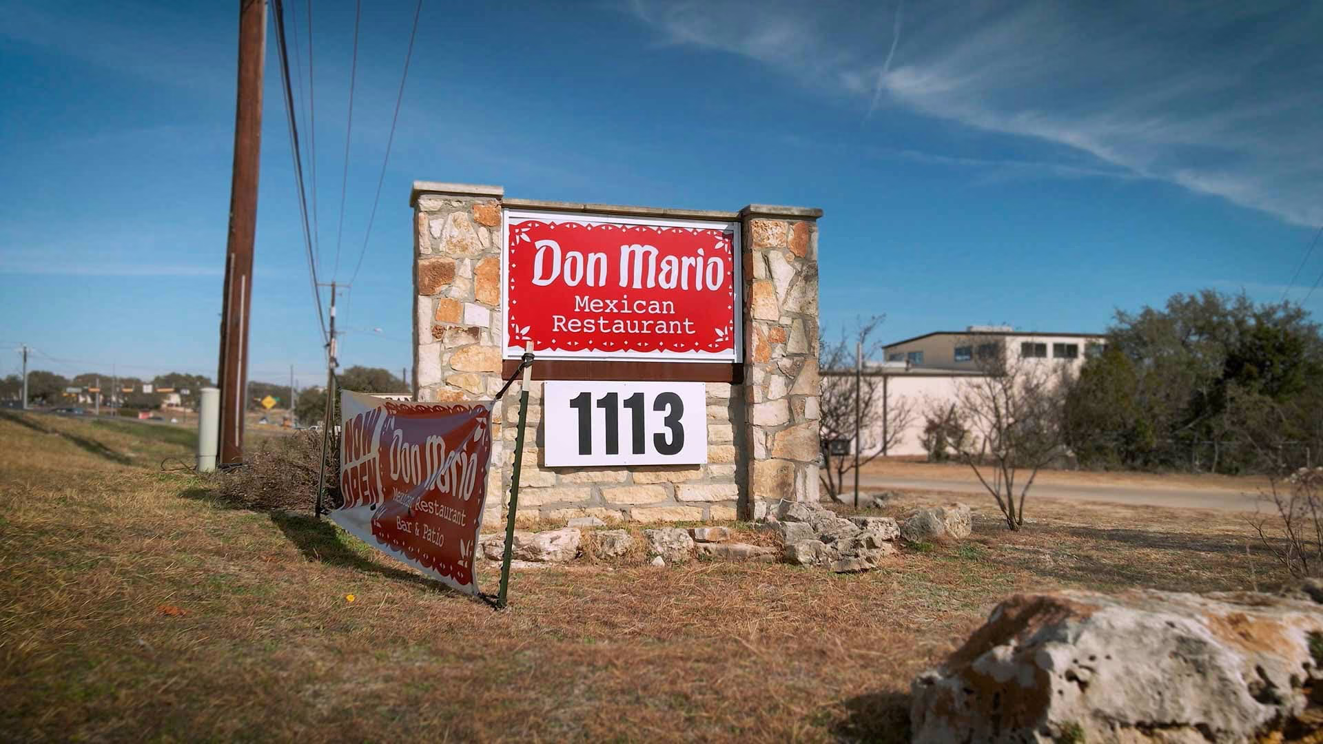 Don Mario Mexican Restaurant stone sign with address 1113.