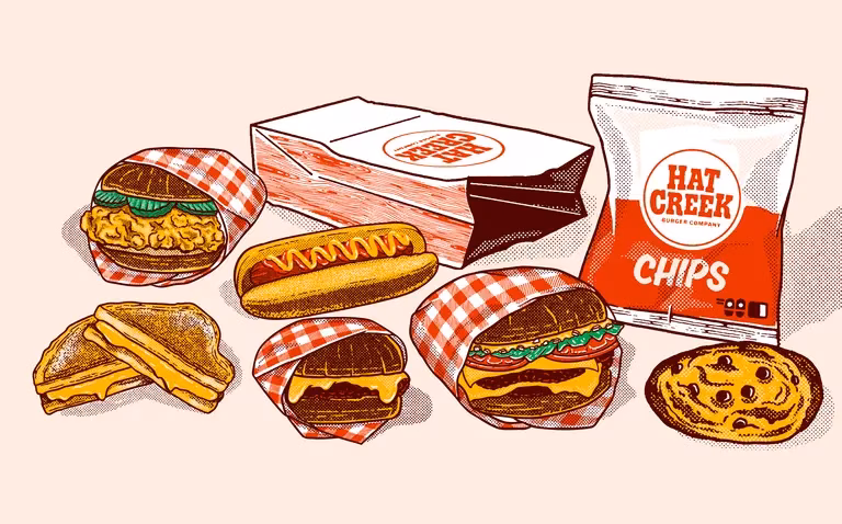 Illustrated fast food items: burgers, hot dog, grilled cheese, chips, cookie.