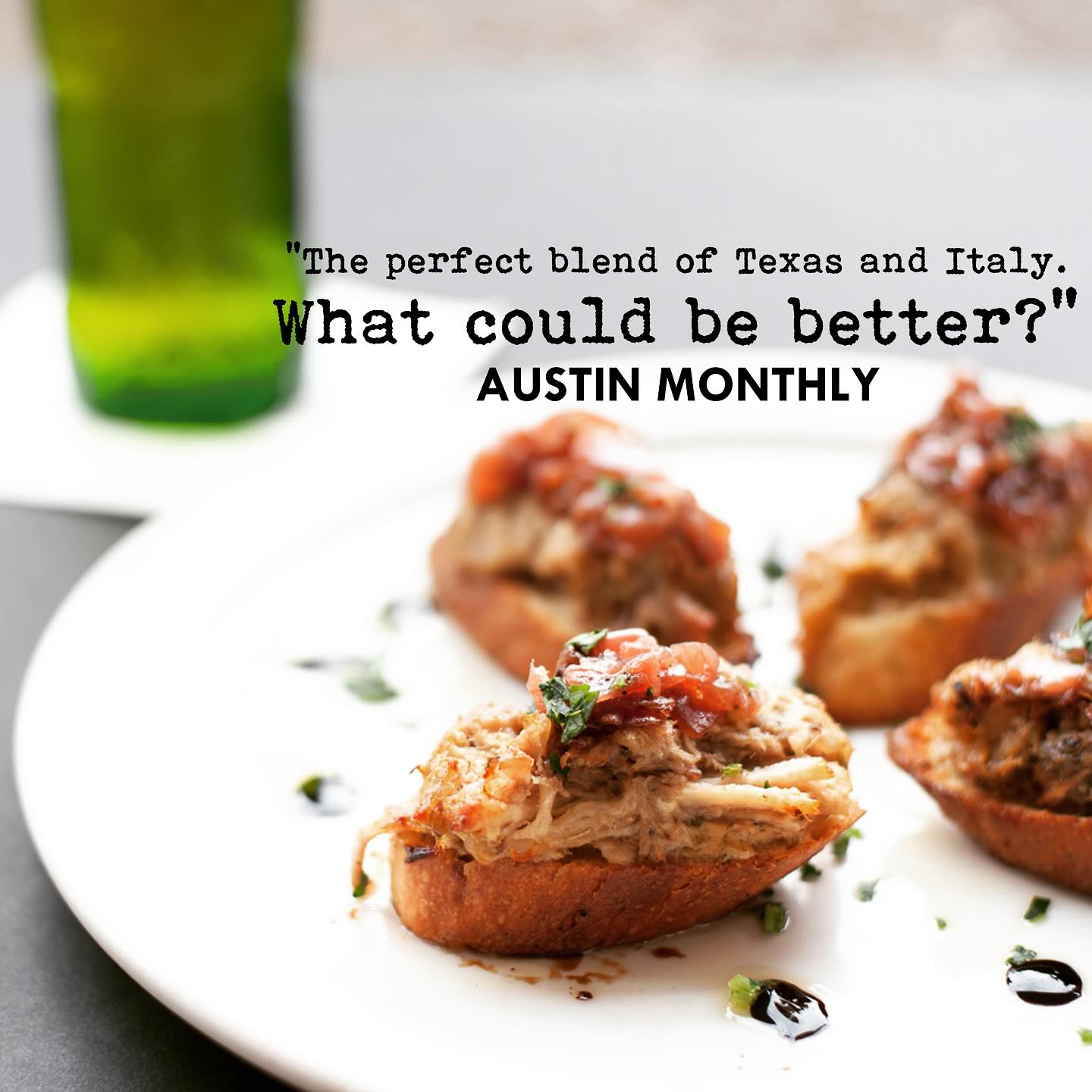 Four crostini with shredded meat, sauce, and text from Austin Monthly.