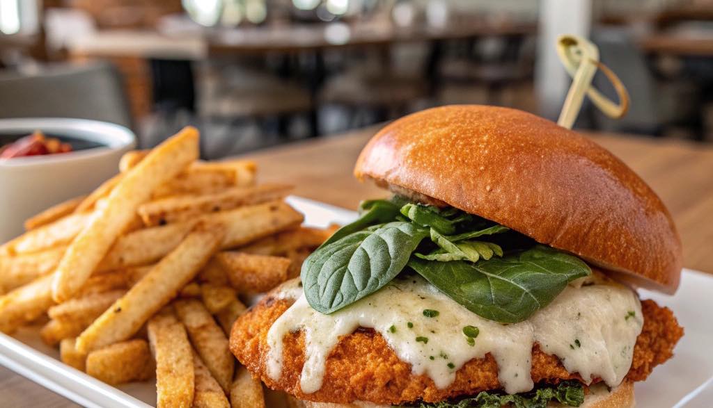 Fried chicken sandwich with melted cheese, spinach, and french fries.