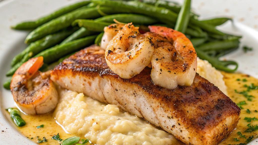 Pan-seared fish and shrimp with creamy grits and green beans.