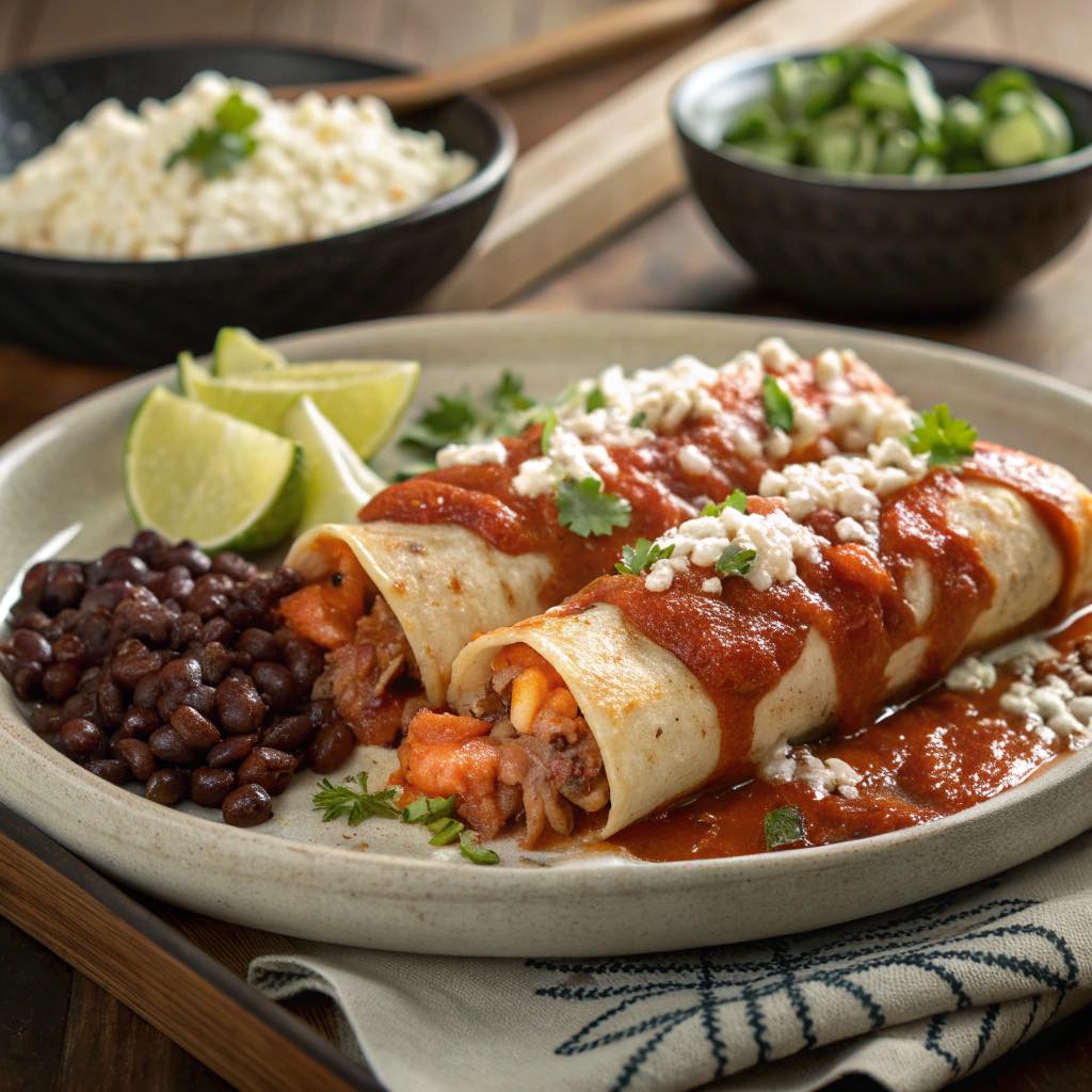 Two enchiladas with red sauce, crumbled cheese, black beans, and lime.