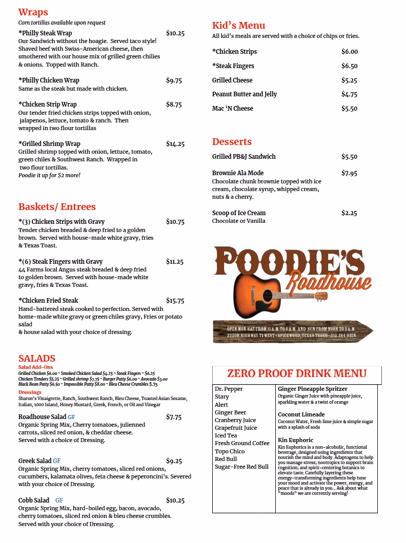 Poodie's Roadhouse menu with wraps, entrees, salads, desserts, and drinks.