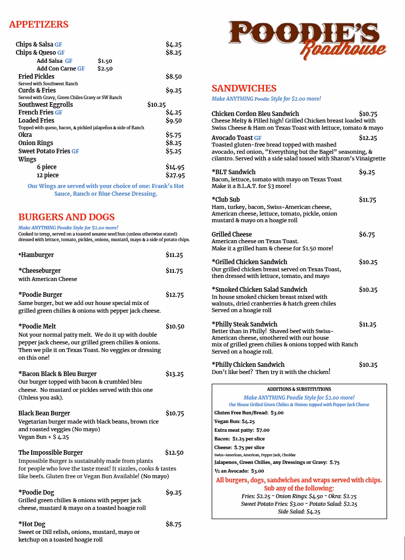 Foodie's Roadhouse menu displaying appetizers, sandwiches, burgers, and hot dogs.