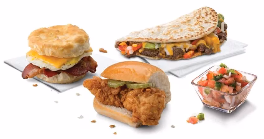 A breakfast biscuit, chicken slider, quesadilla, and pico de gallo.