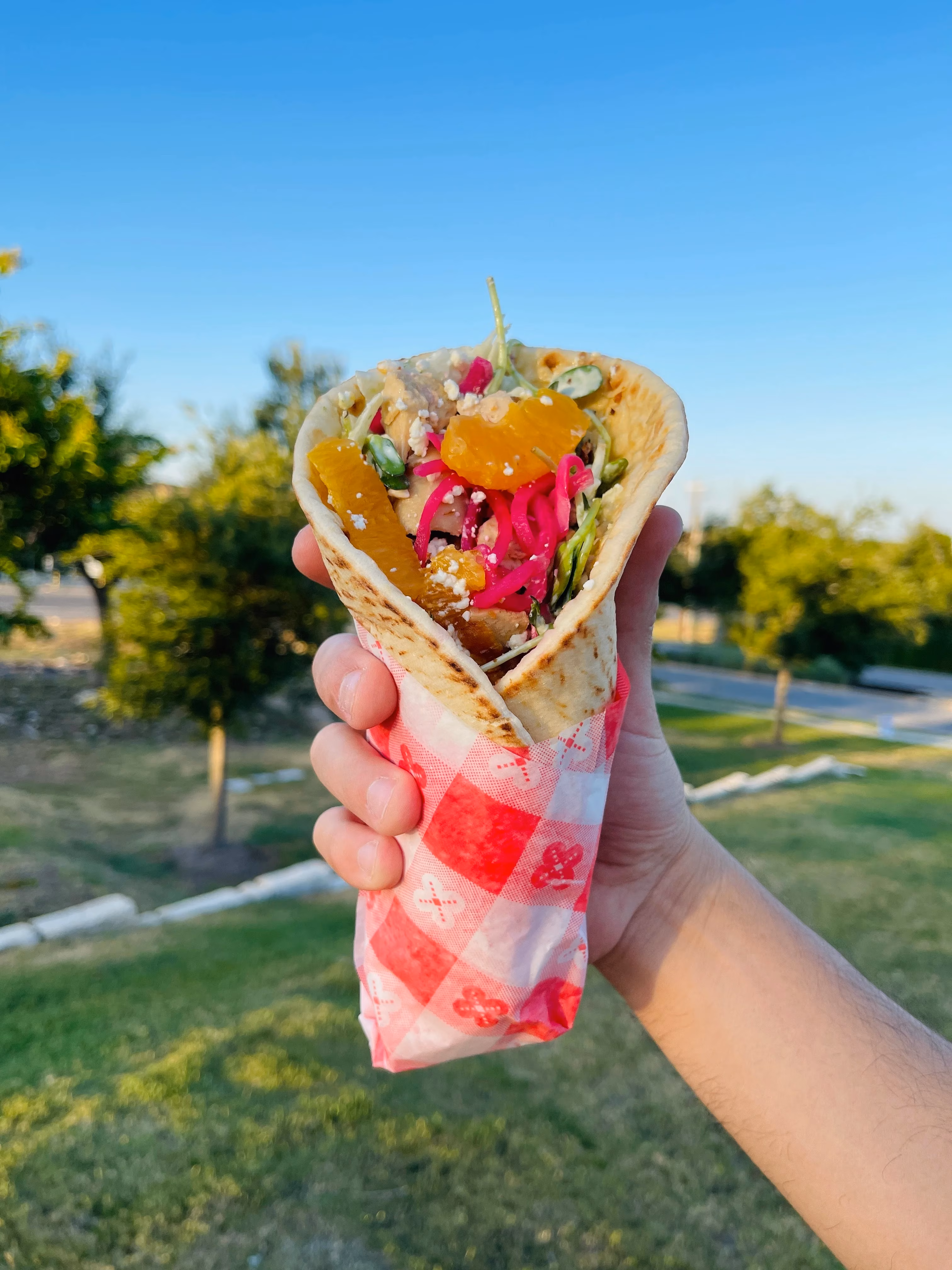 Hand holding pita wrap with chicken, oranges, red cabbage, and feta.