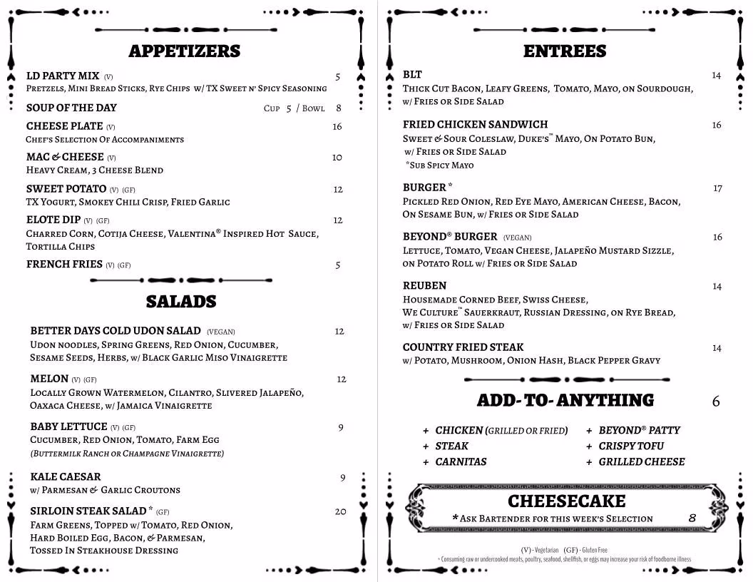 Black and white restaurant menu with appetizers, salads, and entrees listed.