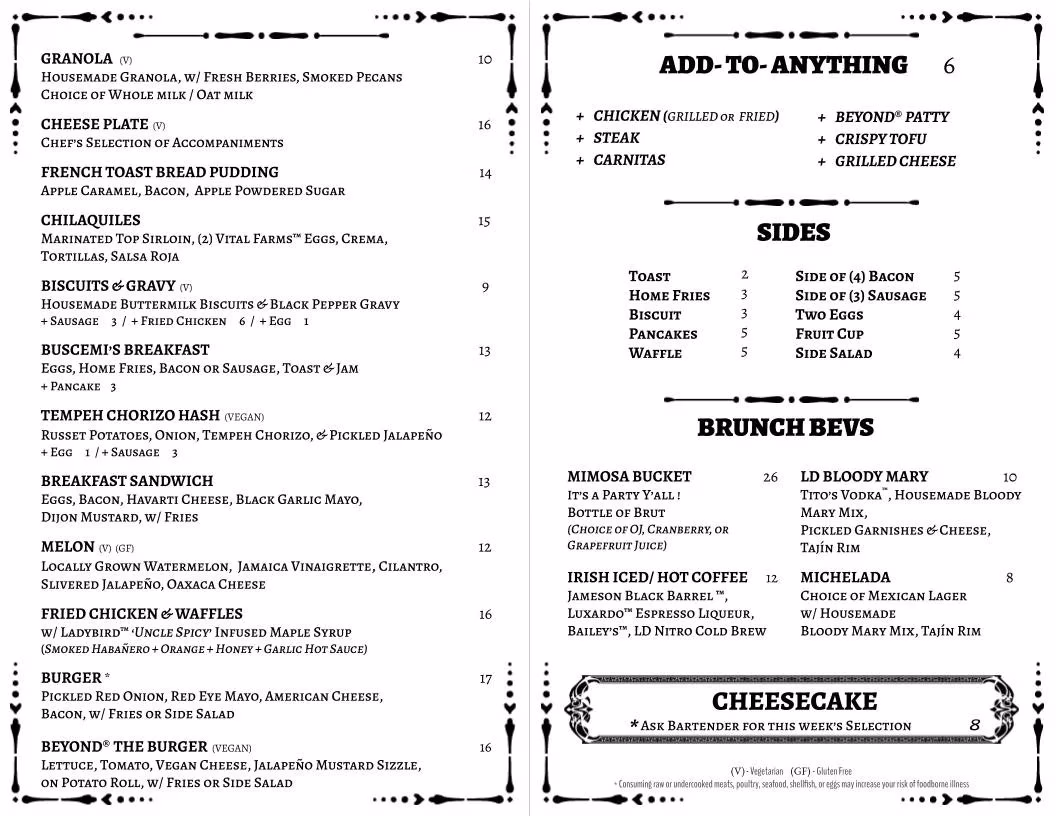 Detailed brunch menu displaying food items, sides, and beverages.