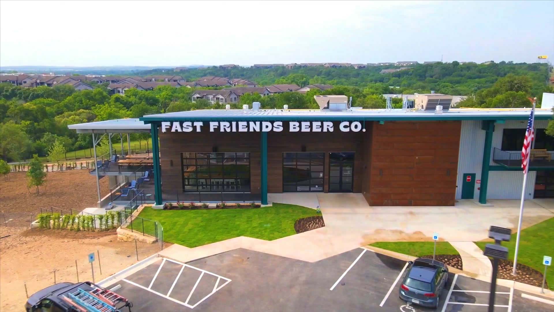 Aerial shot of entry to Fast Friends Brewery