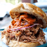 Pulled pork sandwich on a bun, topped with red sauce and onions.