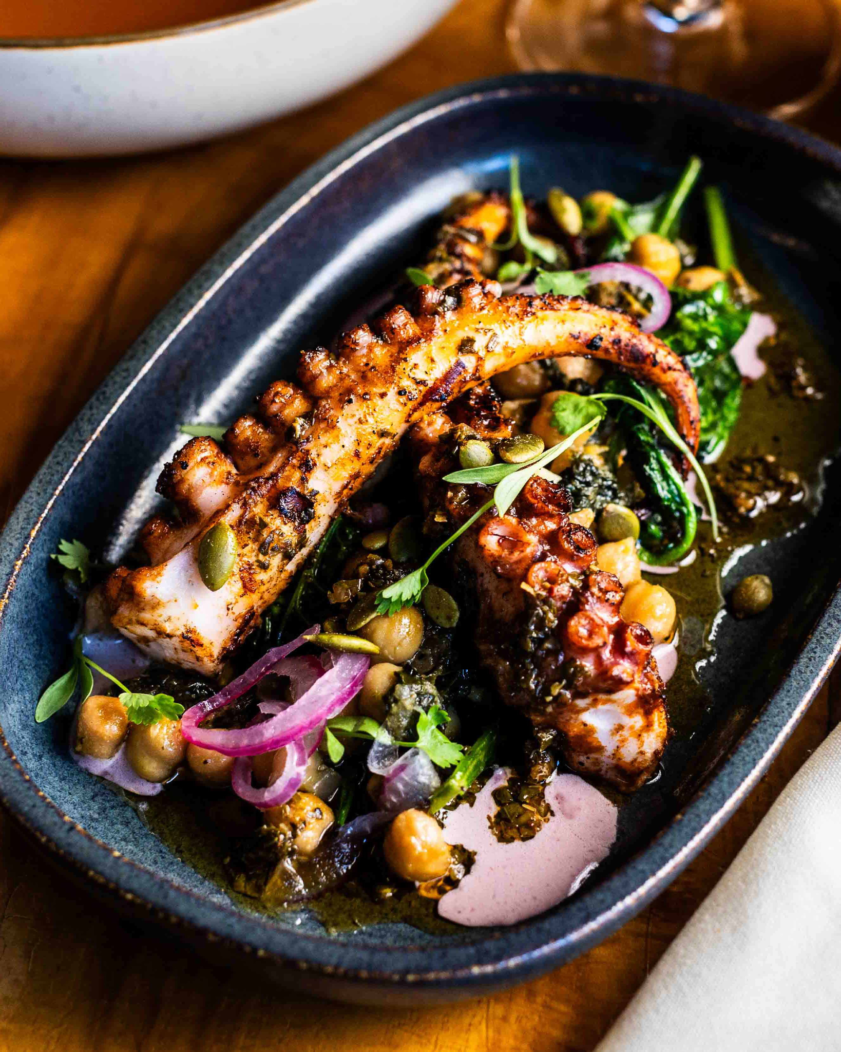 Plated grilled octopus with chickpeas, greens, red onion, and pumpkin seeds.