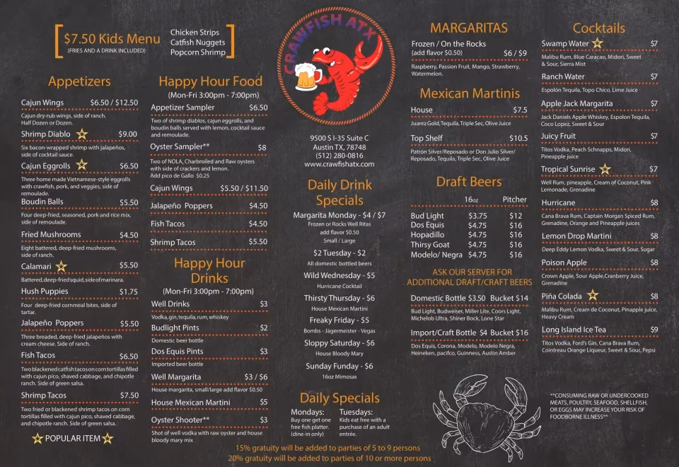 Crawfish ATX restaurant menu featuring appetizers, drinks, and specials.