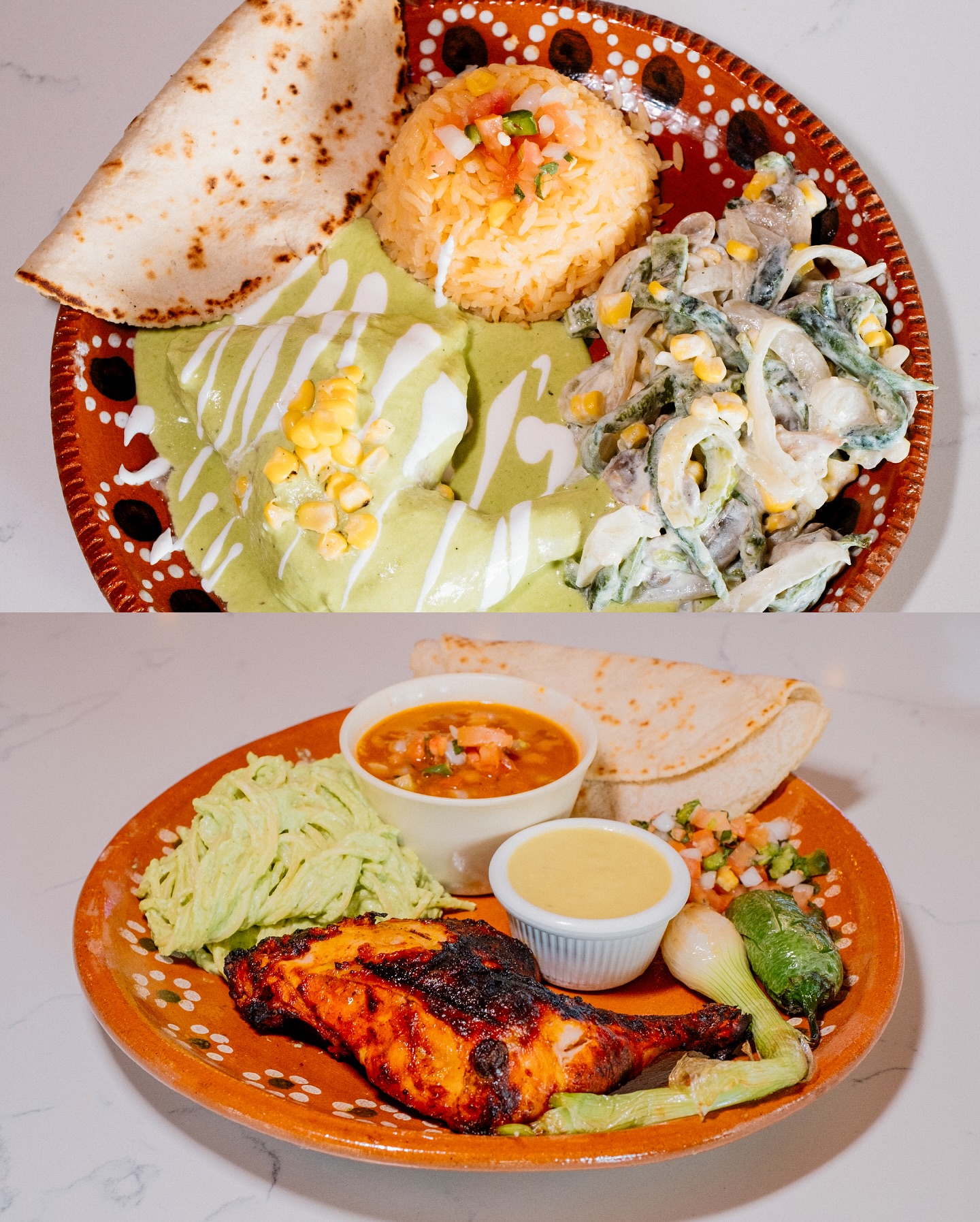 Two plates of Mexican food with chicken, enchiladas, rice, and sides.