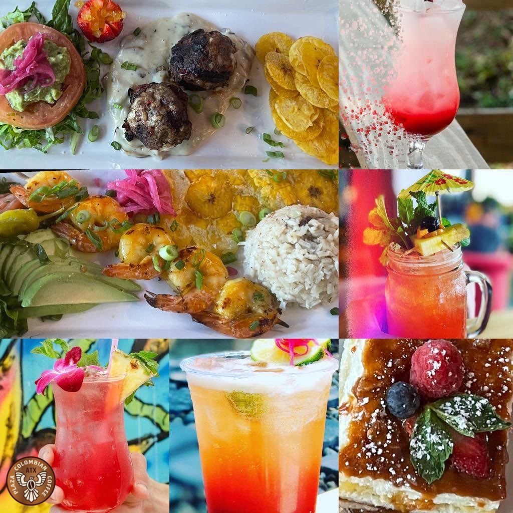 Colombian food including shrimp, plantains, rice, various cocktails, and dessert.