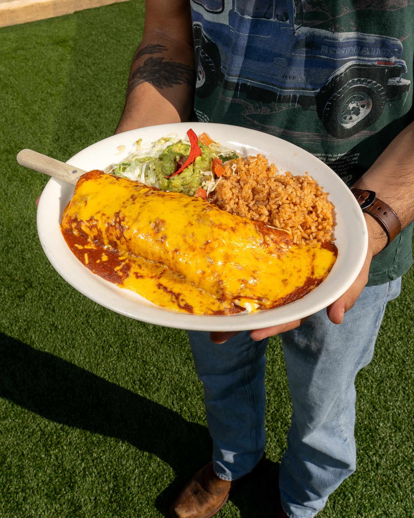 Person holding a plate with a cheese-covered burrito, rice, and guacamole.