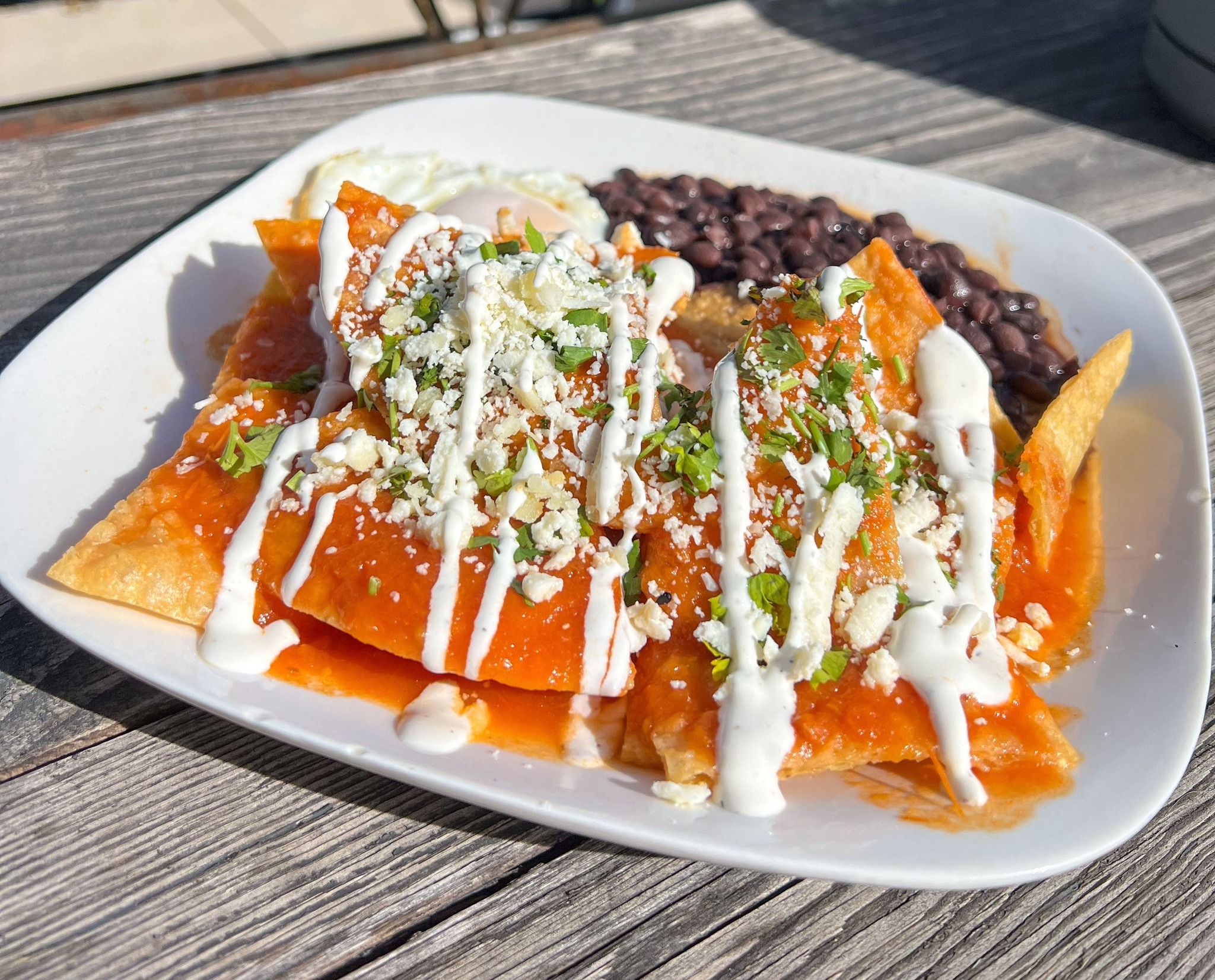 Chilaquiles with red sauce, crumbled cheese, crema, black beans, and egg.