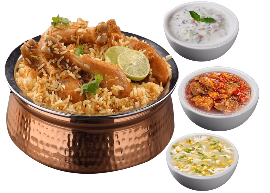 Chicken biryani in copper pot with three bowls of side dishes.