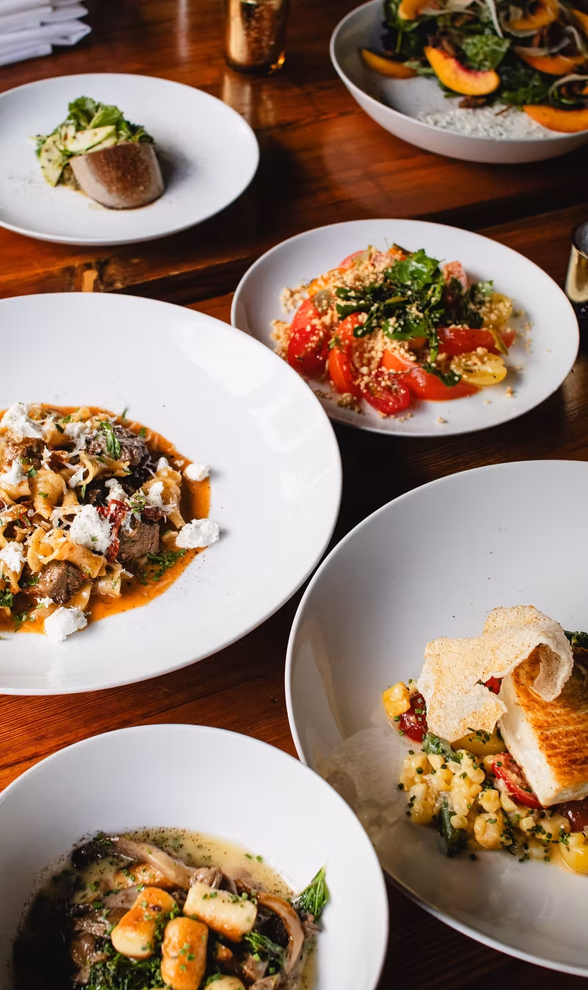 Multiple diverse gourmet dishes on white plates arranged on a wooden table.