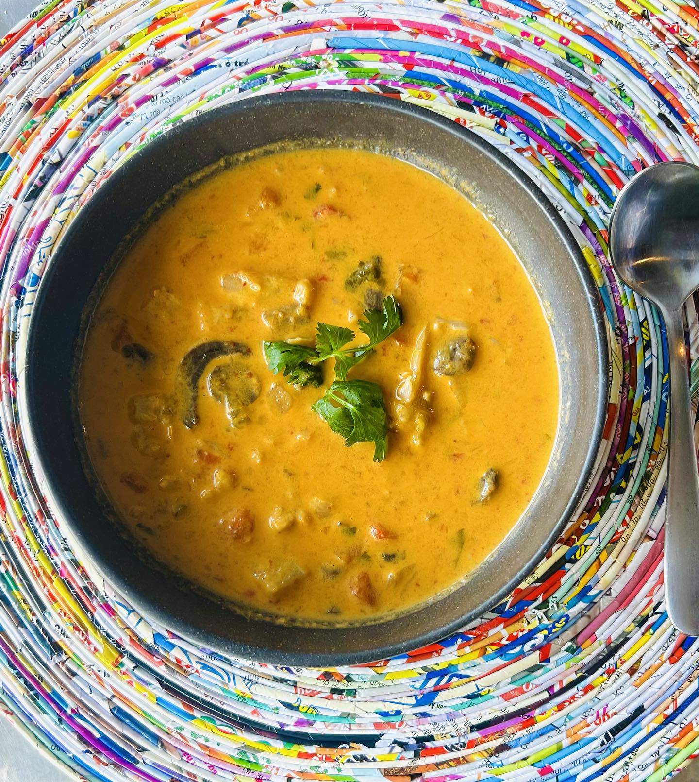 Orange chunky soup with herb garnish on a colorful placemat.