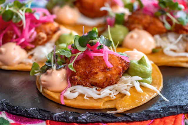Several mini tostadas topped with fried protein, pickled onions, and sauces.