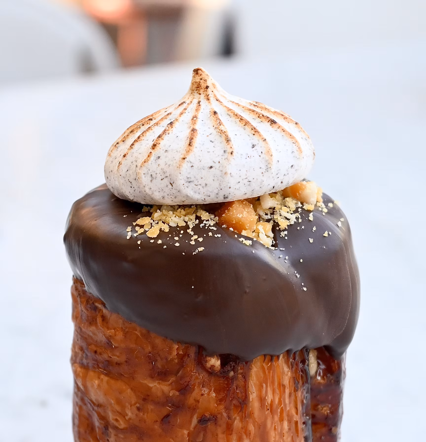 Croissant swirl topped with dark chocolate, crumbs, and toasted meringue.