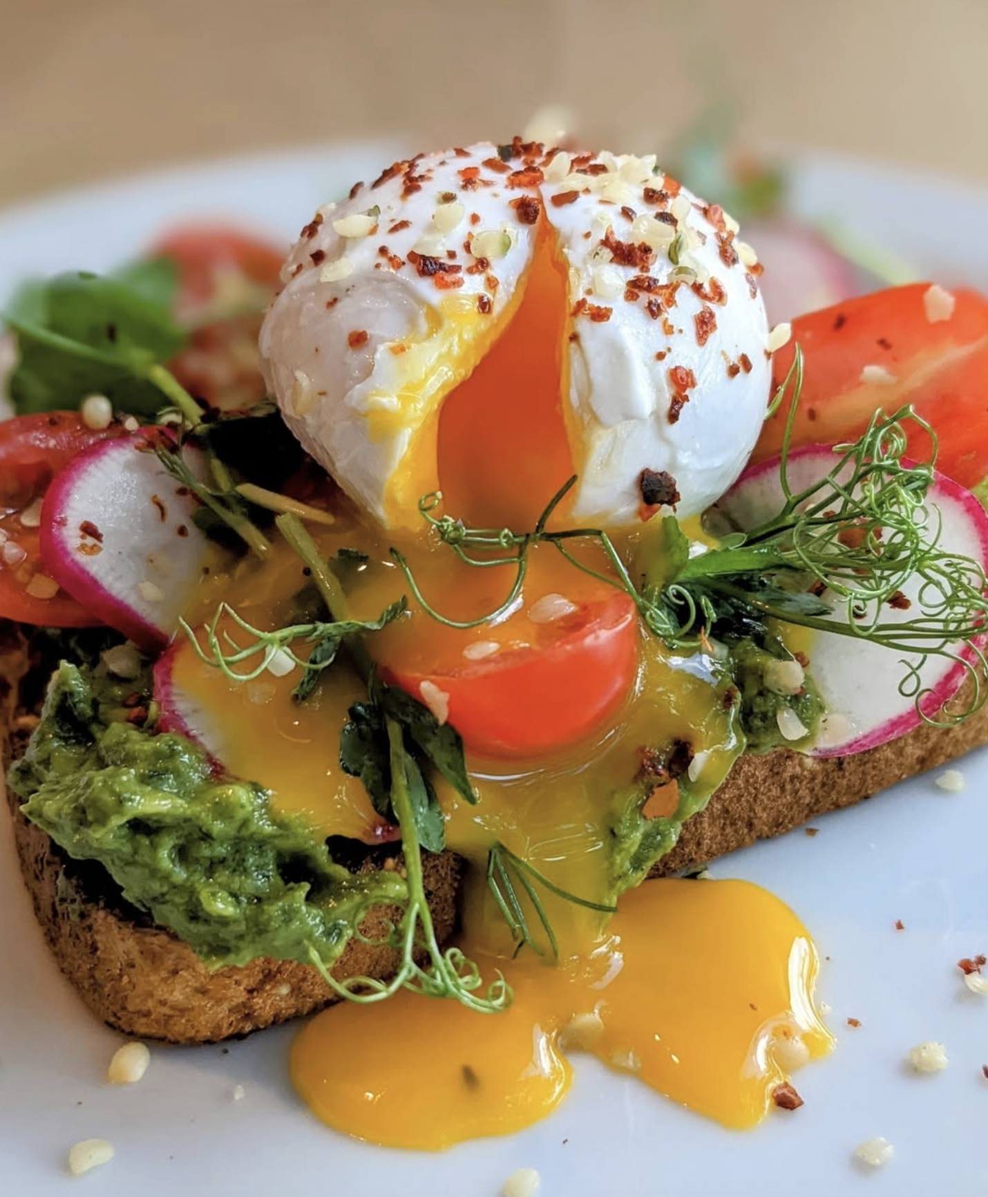 Runny poached egg on avocado toast with radishes and tomatoes.