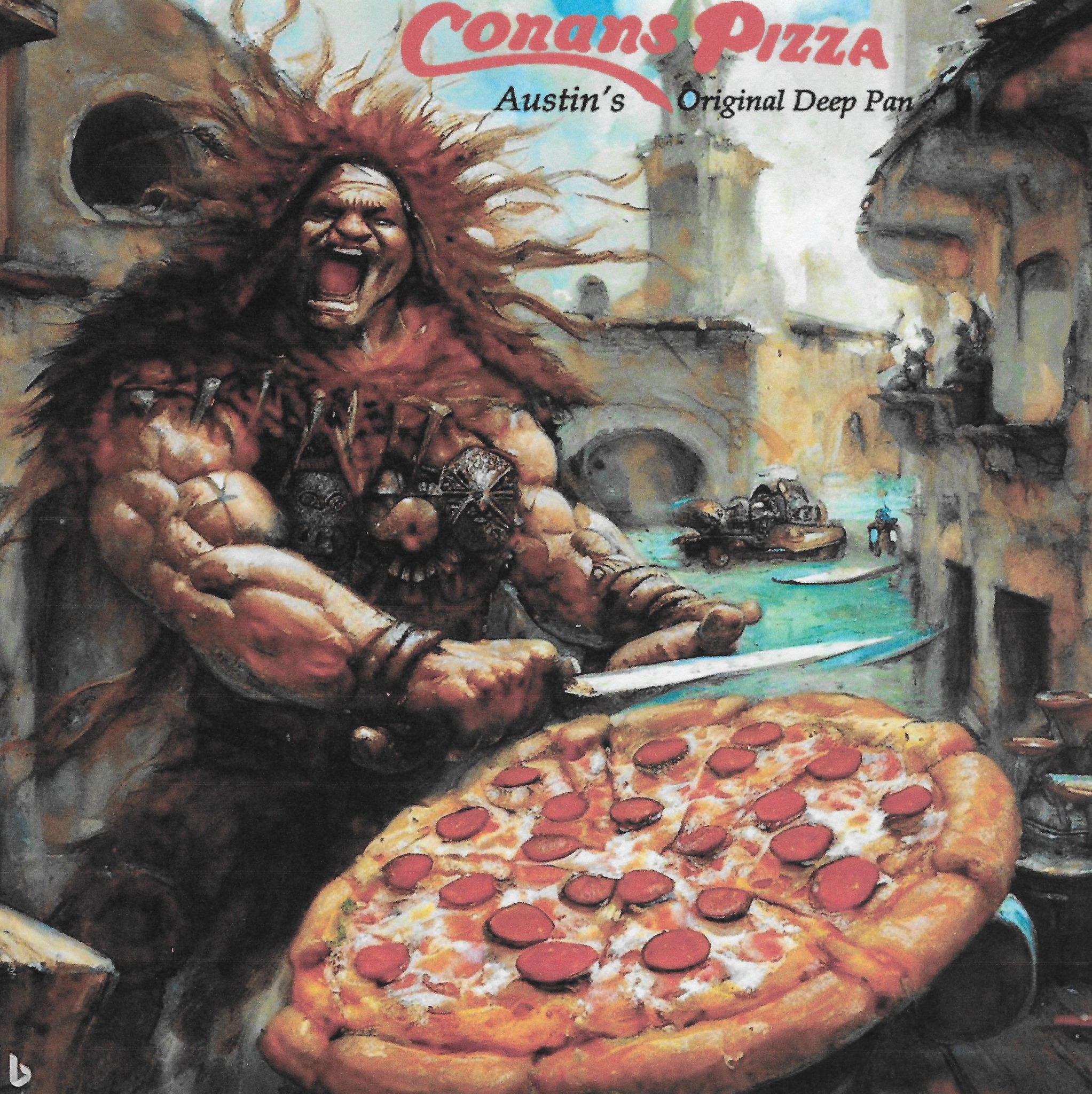 Muscular man roaring, holding a knife over a large pepperoni pizza.