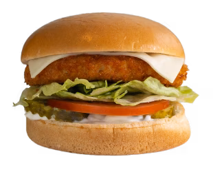 A chicken patty sandwich with cheese, lettuce, tomato, and pickles.