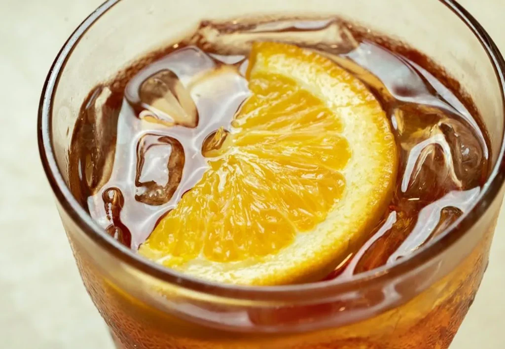 Top-down: Iced reddish-brown drink with ice and an orange slice.