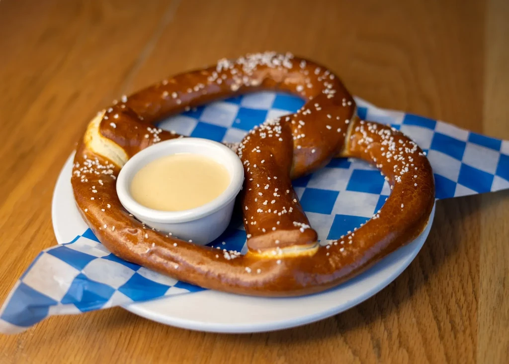 Salted golden-brown soft pretzel and cheese dip.