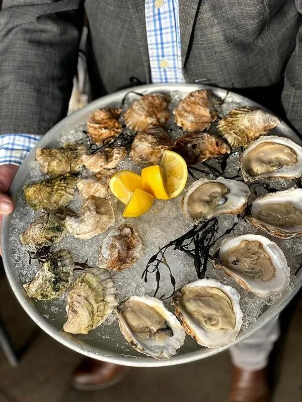 Person holding silver platter of oysters, ice, and lemon wedges.