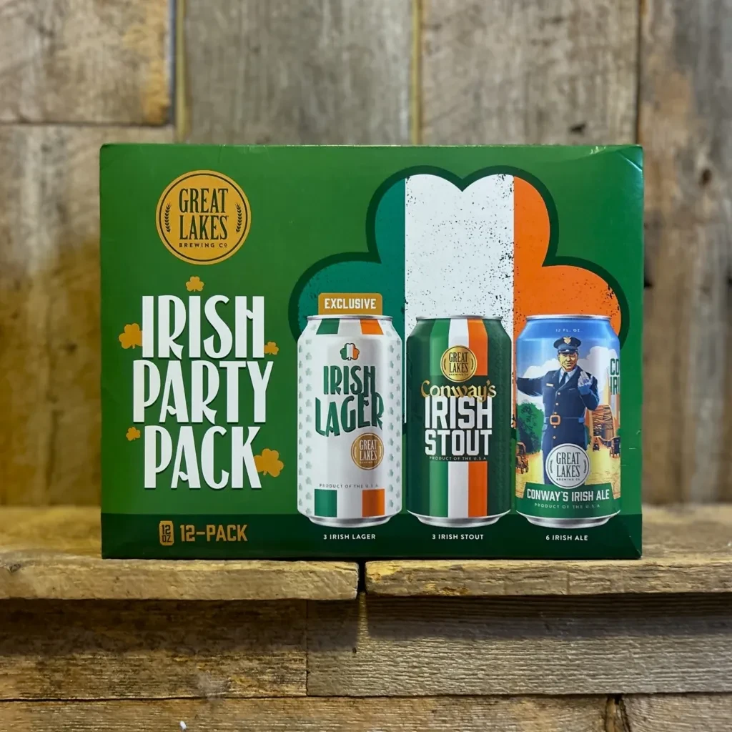 Green Great Lakes Brewing 'Irish Party Pack' 12-pack on rustic wood.