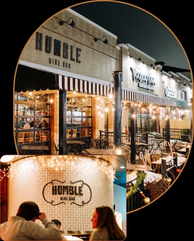 Humble Wine Bar's lit exterior, festive patio, and interior views at night.