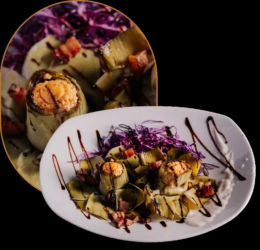 Stuffed vegetable wraps with purple cabbage, bacon, and two sauces.