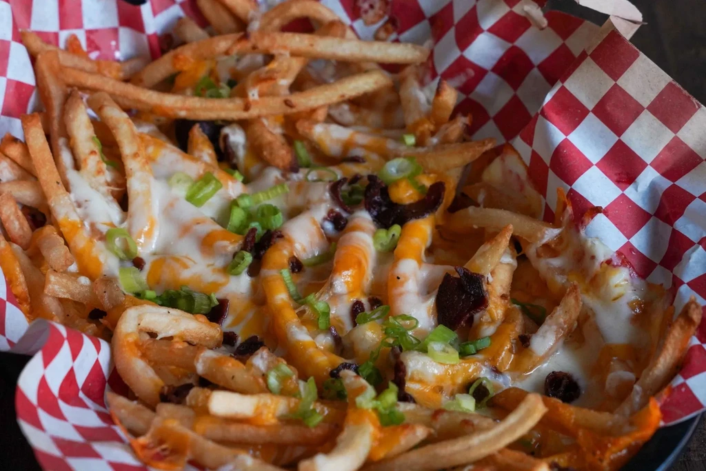 Fries loaded with melted cheese, crispy bacon, and green scallions.