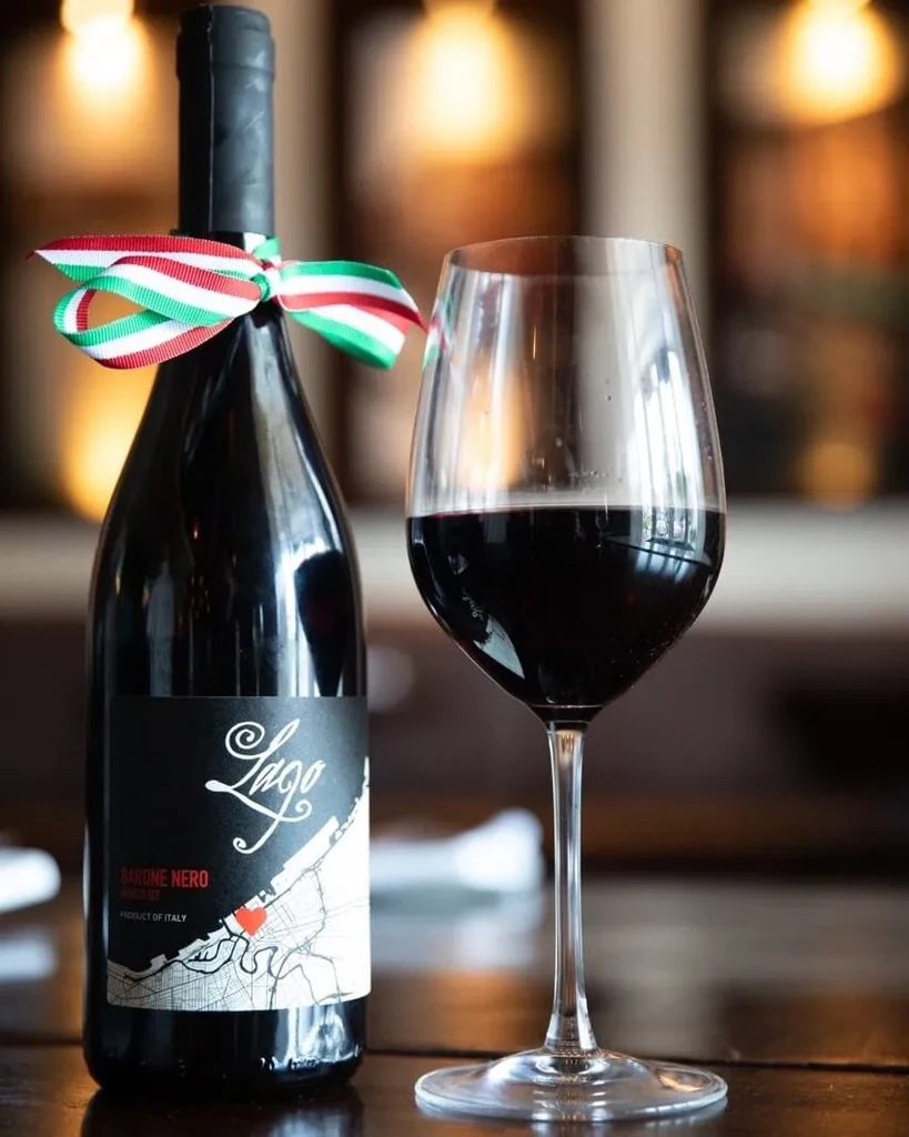 Dark wine bottle with Italian flag bow and glass of red wine.