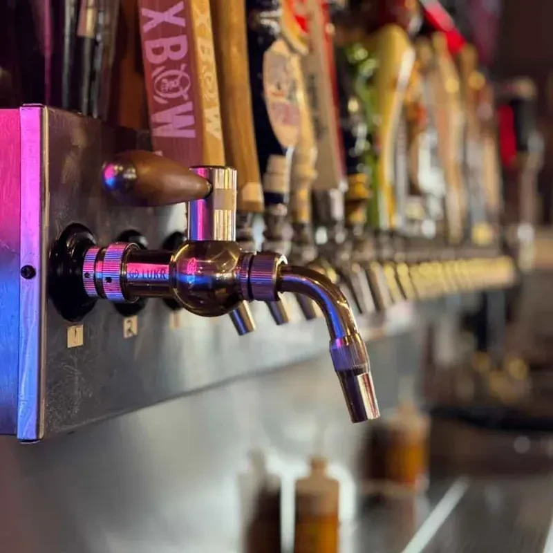 Polished metallic beer tap, dark handle, blurred taps behind.