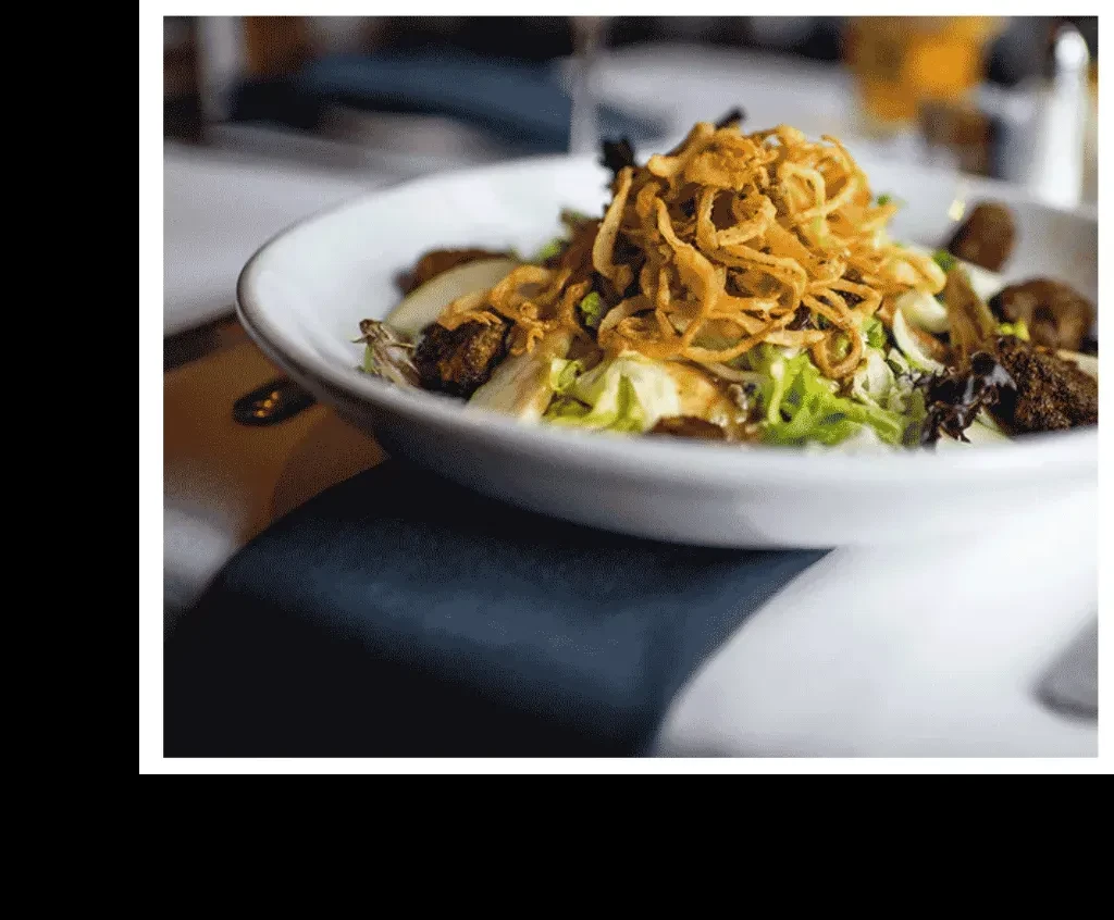 Salad in white bowl, topped with crispy fried onions and meat.